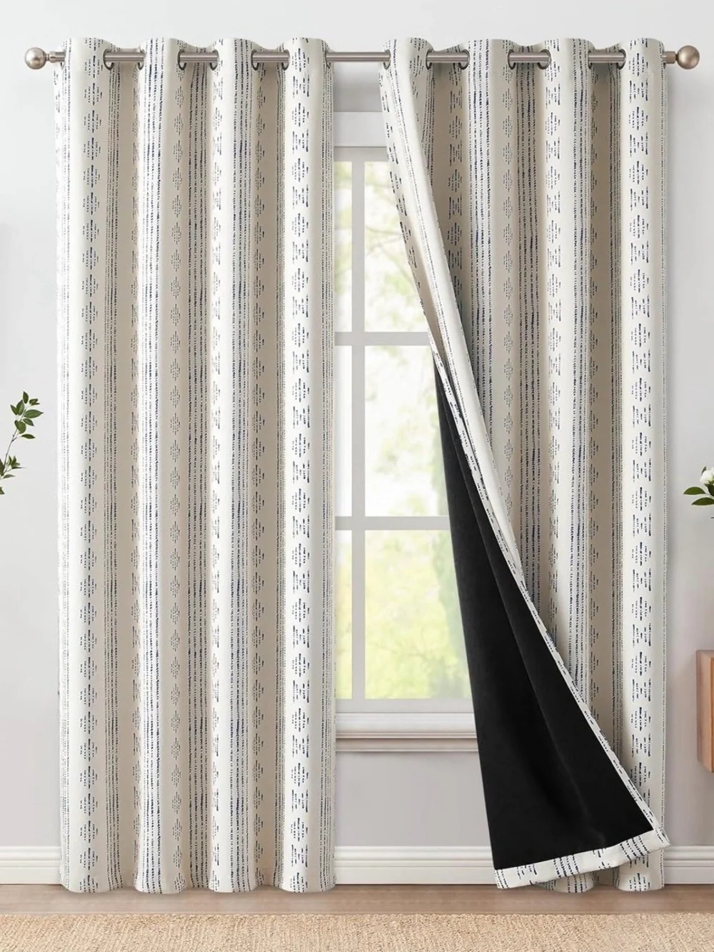 Blackout Boho Grommet Curtains in Blue & Beige with Geometric Print. 4 Panels.